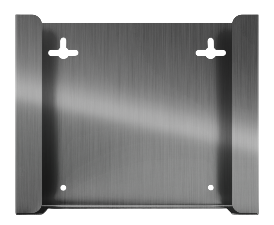Stainless steel, mask dispenser, front facing, empty. 