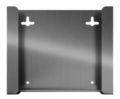 Stainless steel, mask dispenser, front facing, empty. 