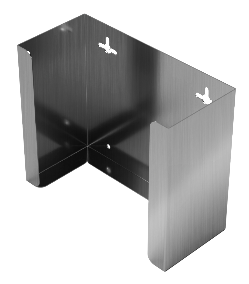 Stainless steel, mask dispenser, front facing and angled slightly left, empty. 
