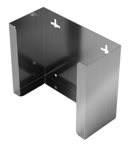 Stainless steel, mask dispenser, front facing and angled slightly left, empty. 
