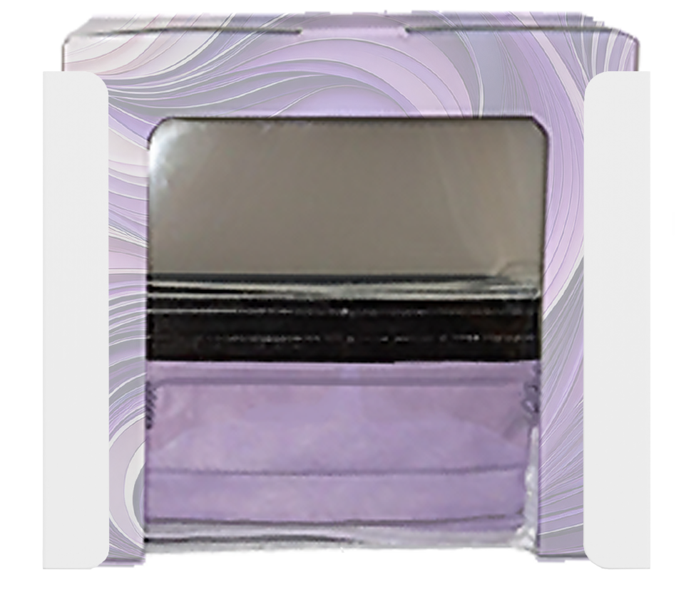 White, steel, mask dispenser, front facing with one box of purple faceshields. 