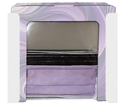 White, steel, mask dispenser, front facing with one box of purple faceshields. 