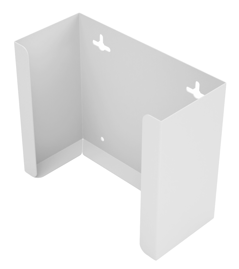 White, steel, mask dispenser, front facing and angled slightly to the left, empty.  