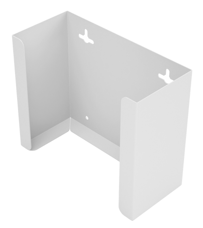 White, steel, mask dispenser, front facing and angled slightly to the left, empty.  