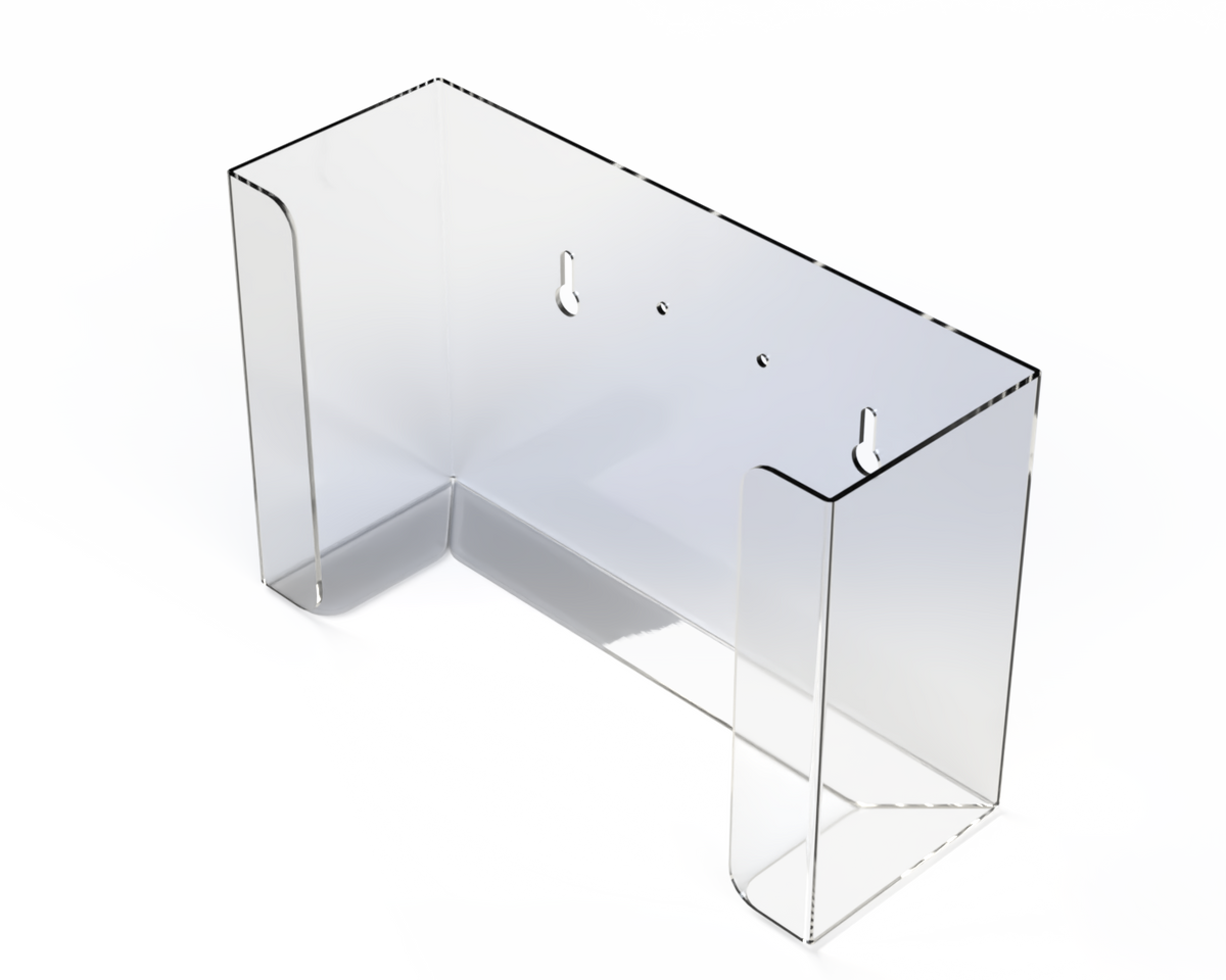 Empty, Clear, PETG rectangular XL mask dispenser. facing front and angled slightly left.