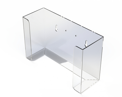 Empty, Clear, PETG rectangular XL mask dispenser. facing front and angled slightly left.