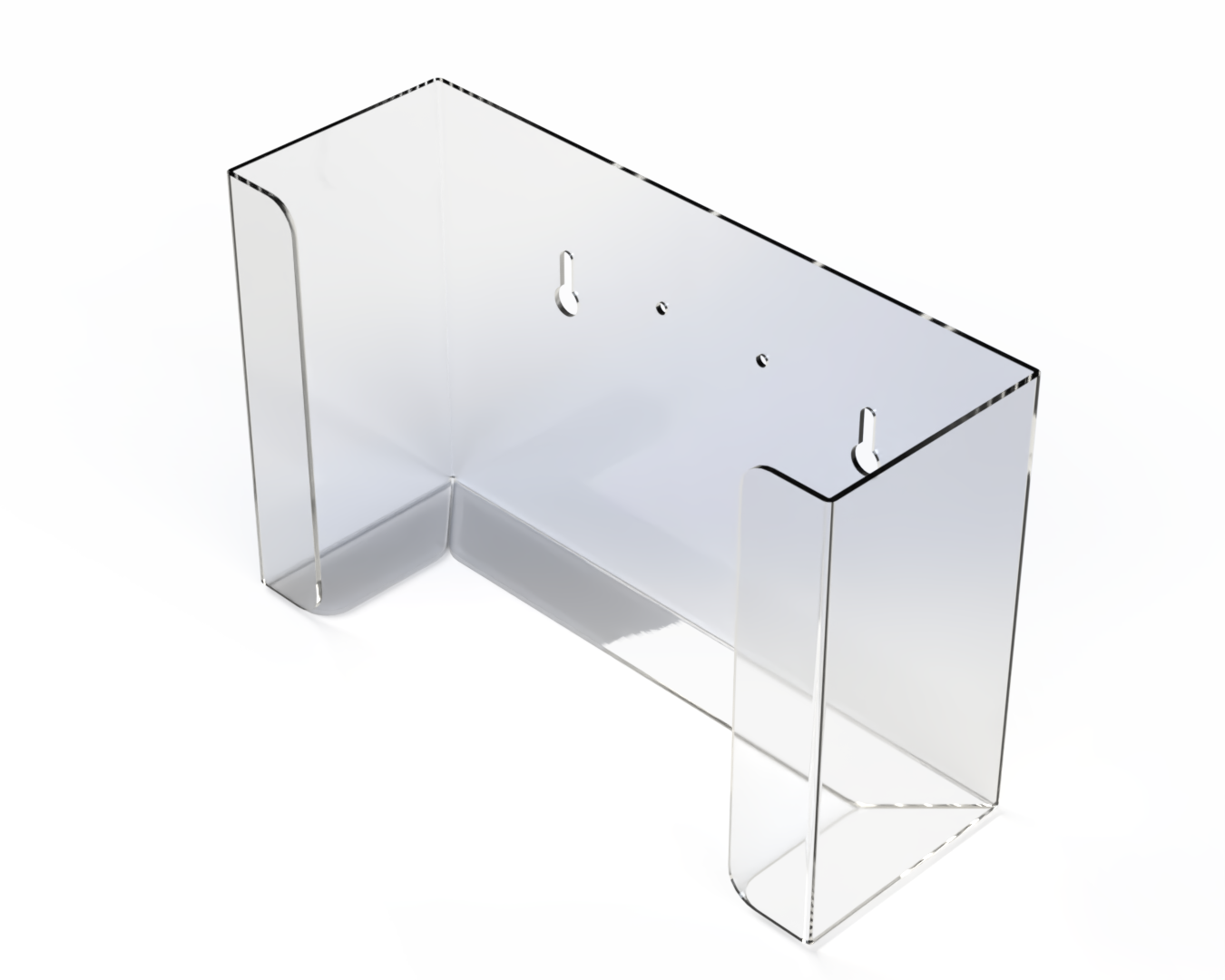 Empty, Clear, PETG rectangular XL mask dispenser. facing front and angled slightly left.