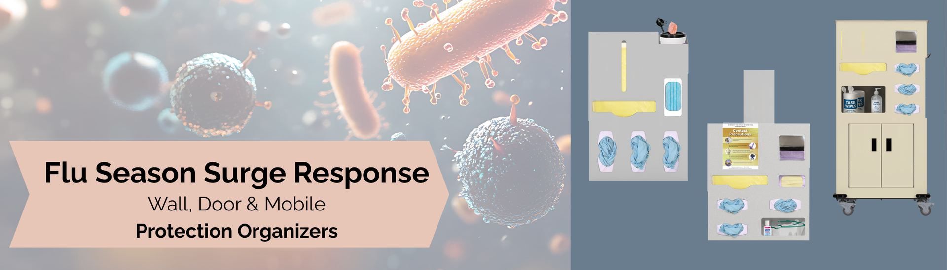 Image of germs, statement is Flu Season surge response-Protection organizers-Wall, Door & Mobile. Images of 3 options.