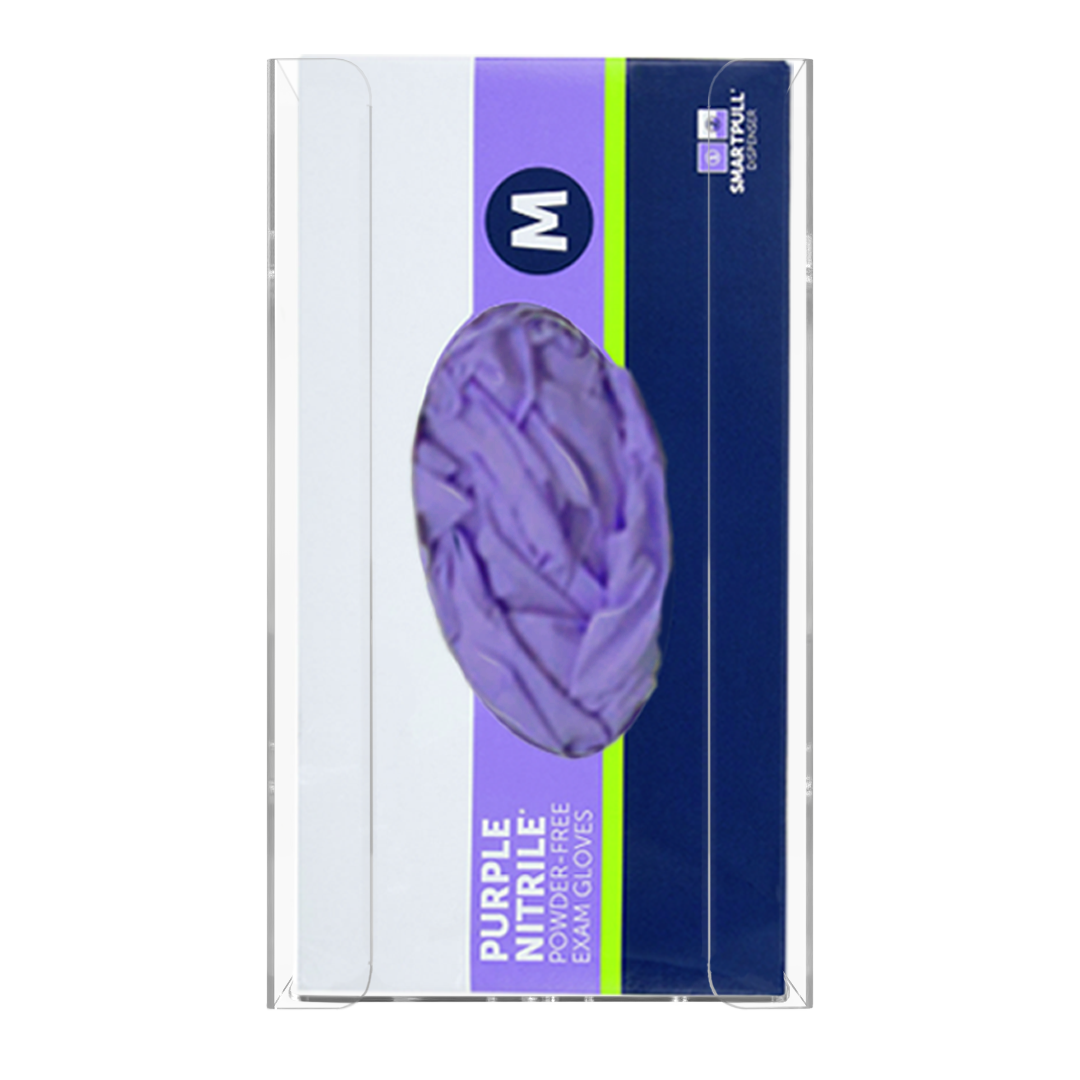 Glove Dispenser, Single, clear PETG plastic, wall-mount, with spring in back to push box forward and fit multiple sized boxes. Open front for dispensing directly from box. Front view, filled with a box of purple nitrile exam gloves.