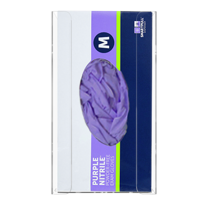 Glove Dispenser, Single, clear PETG plastic, wall-mount, with spring in back to push box forward and fit multiple sized boxes. Open front for dispensing directly from box. Front view, filled with a box of purple nitrile exam gloves.