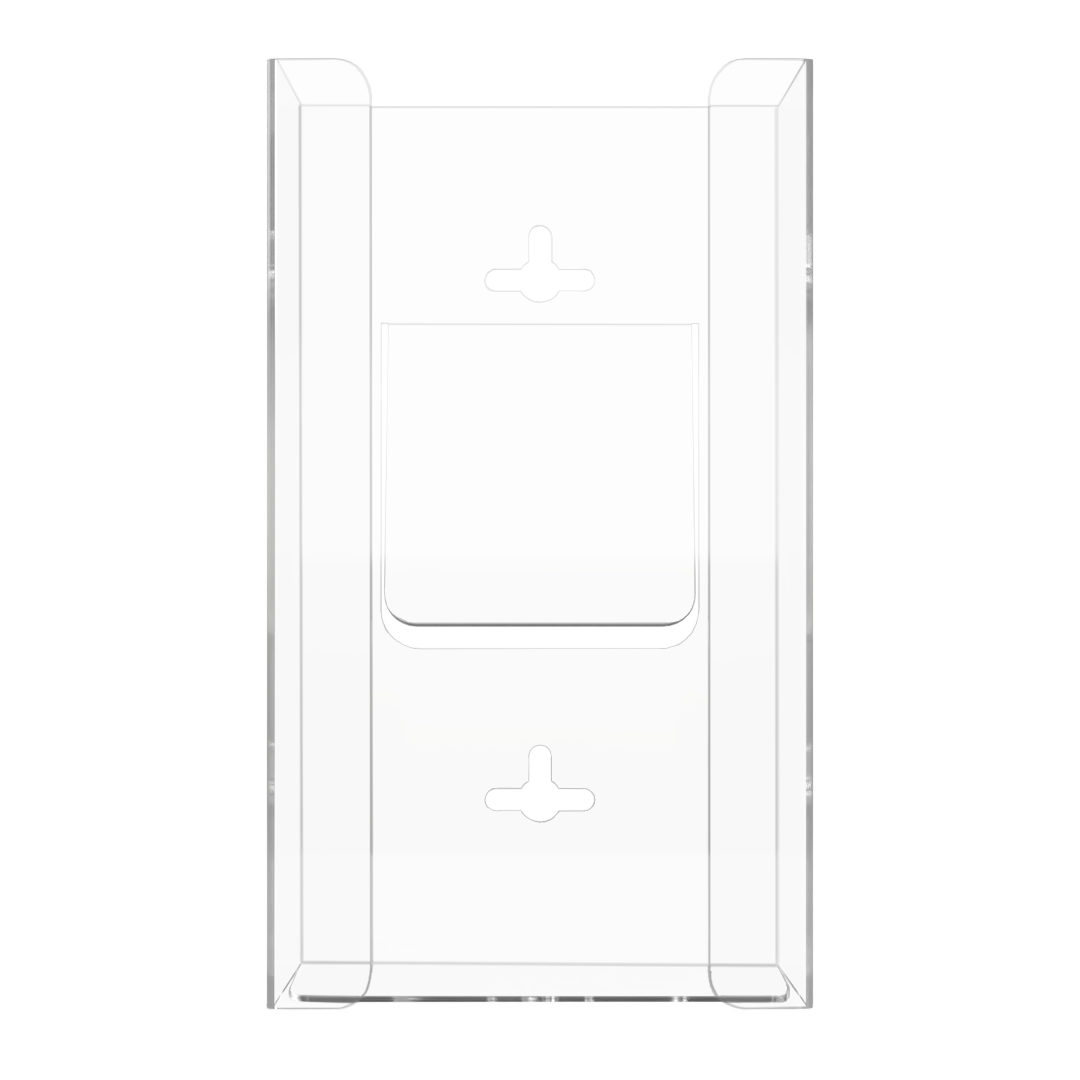 Glove Dispenser, Single, clear PETG plastic, wall-mount, with spring in back to push box forward and fit multiple sized boxes. Open front for dispensing directly from box. Front view, empty.