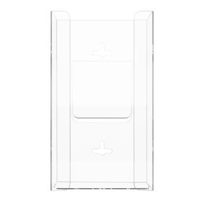 Glove Dispenser, Single, clear PETG plastic, wall-mount, with spring in back to push box forward and fit multiple sized boxes. Open front for dispensing directly from box. Front view, empty.