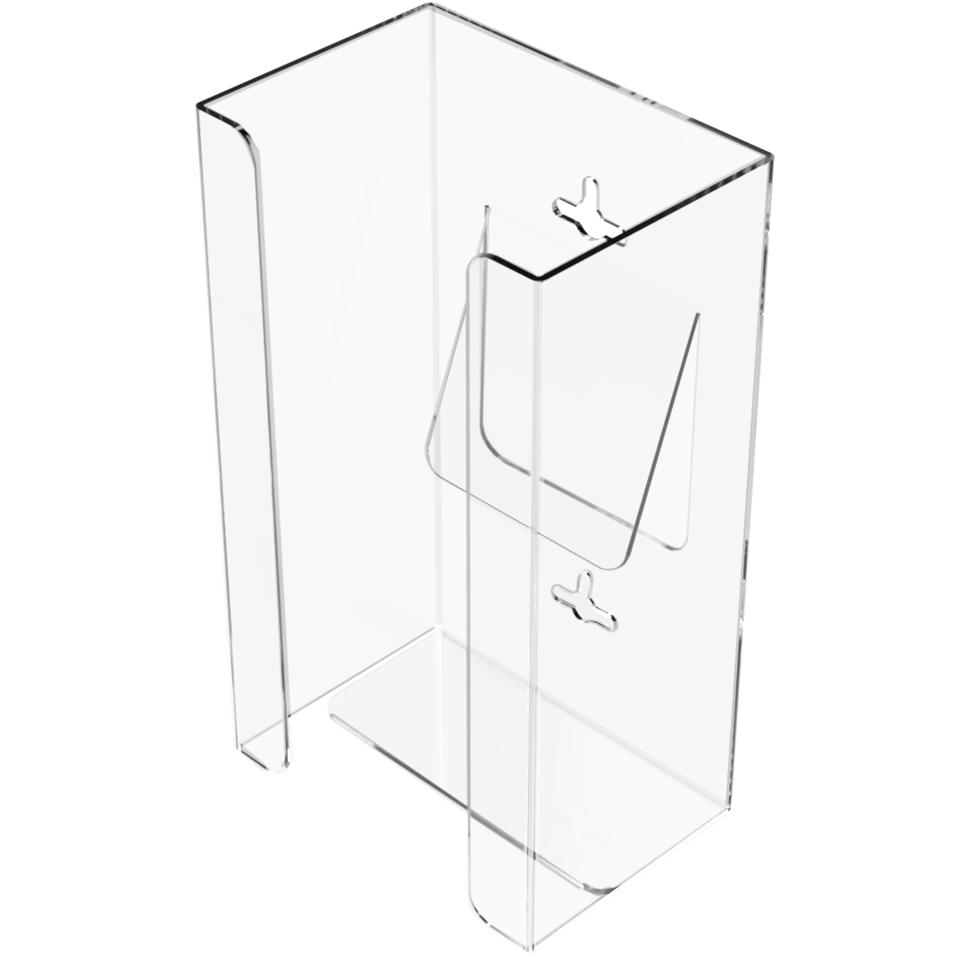 Glove Dispenser, Single, clear PETG plastic, wall-mount, with spring in back to push box forward and fit multiple sized boxes. Open front for dispensing directly from box. Angled front view, empty.