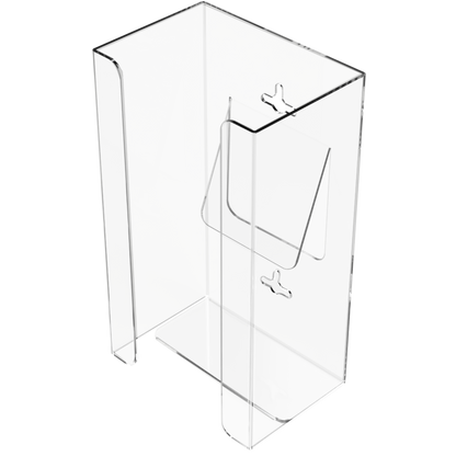 Glove Dispenser, Single, clear PETG plastic, wall-mount, with spring in back to push box forward and fit multiple sized boxes. Open front for dispensing directly from box. Angled front view, empty.