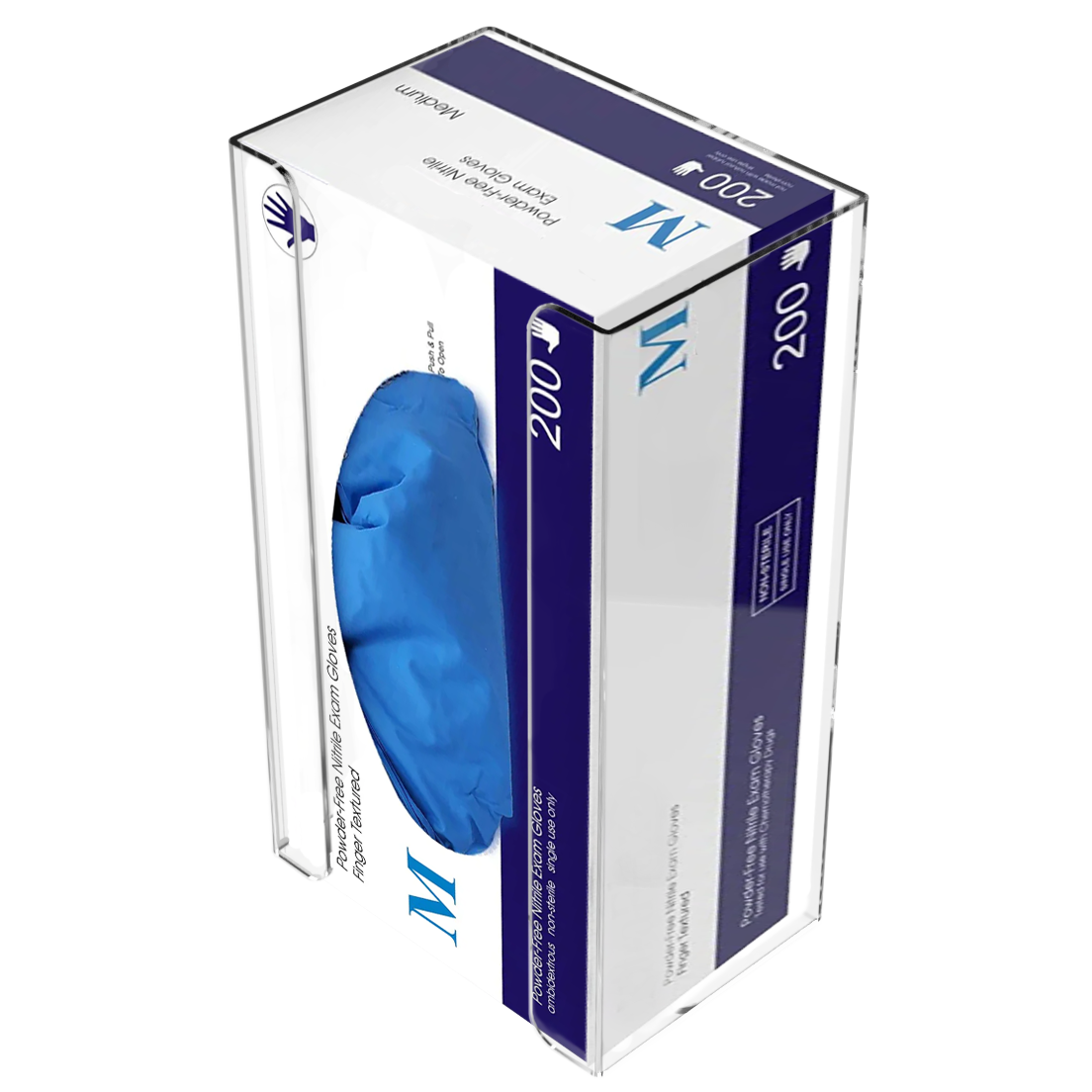 Glove Dispenser, Single, clear PETG plastic, wall-mount, with spring in back to push box forward and fit multiple sized boxes. Open front for dispensing directly from box. Angled front view, filled with a box of blue exam gloves.