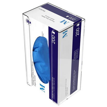 Glove Dispenser, Single, clear PETG plastic, wall-mount, with spring in back to push box forward and fit multiple sized boxes. Open front for dispensing directly from box. Angled front view, filled with a box of blue exam gloves.