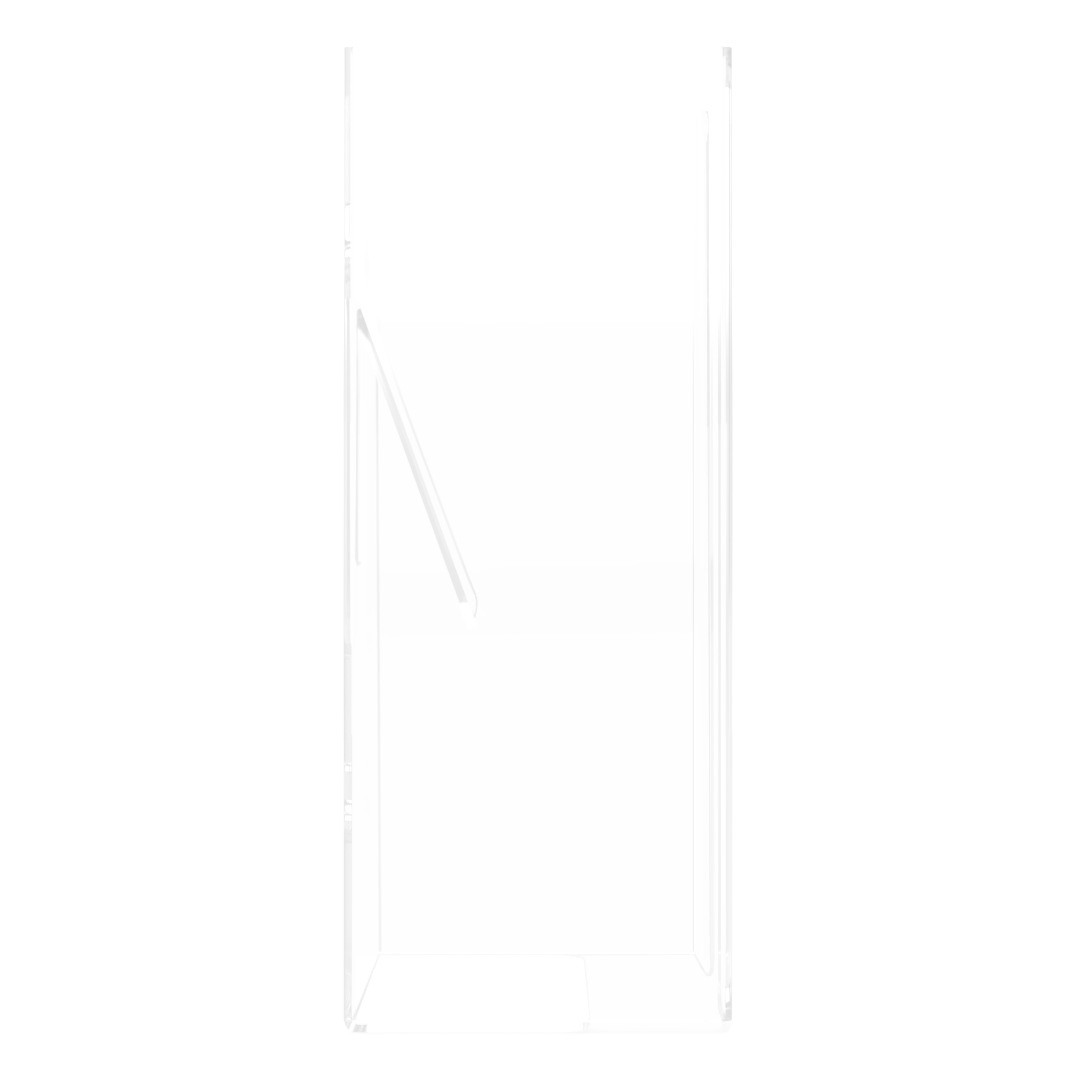 Glove Dispenser, Single, clear PETG plastic, wall-mount, with spring in back to push box forward and fit multiple sized boxes. Open front for dispensing directly from box. Left side view, empty.