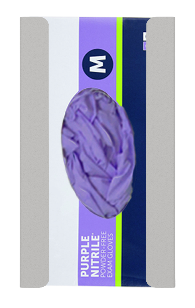 Beige, single glove dispenser with a box of purple exam gloves inside.