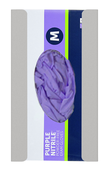 Beige, single glove dispenser with a box of purple exam gloves inside.