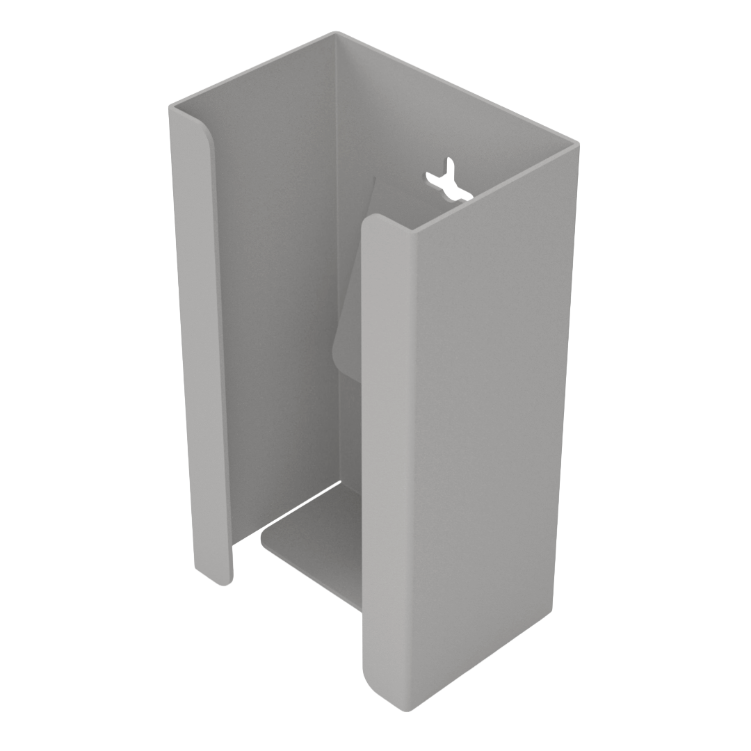 Beige, single glove dispenser front facing angled slightly to the left, empty.  