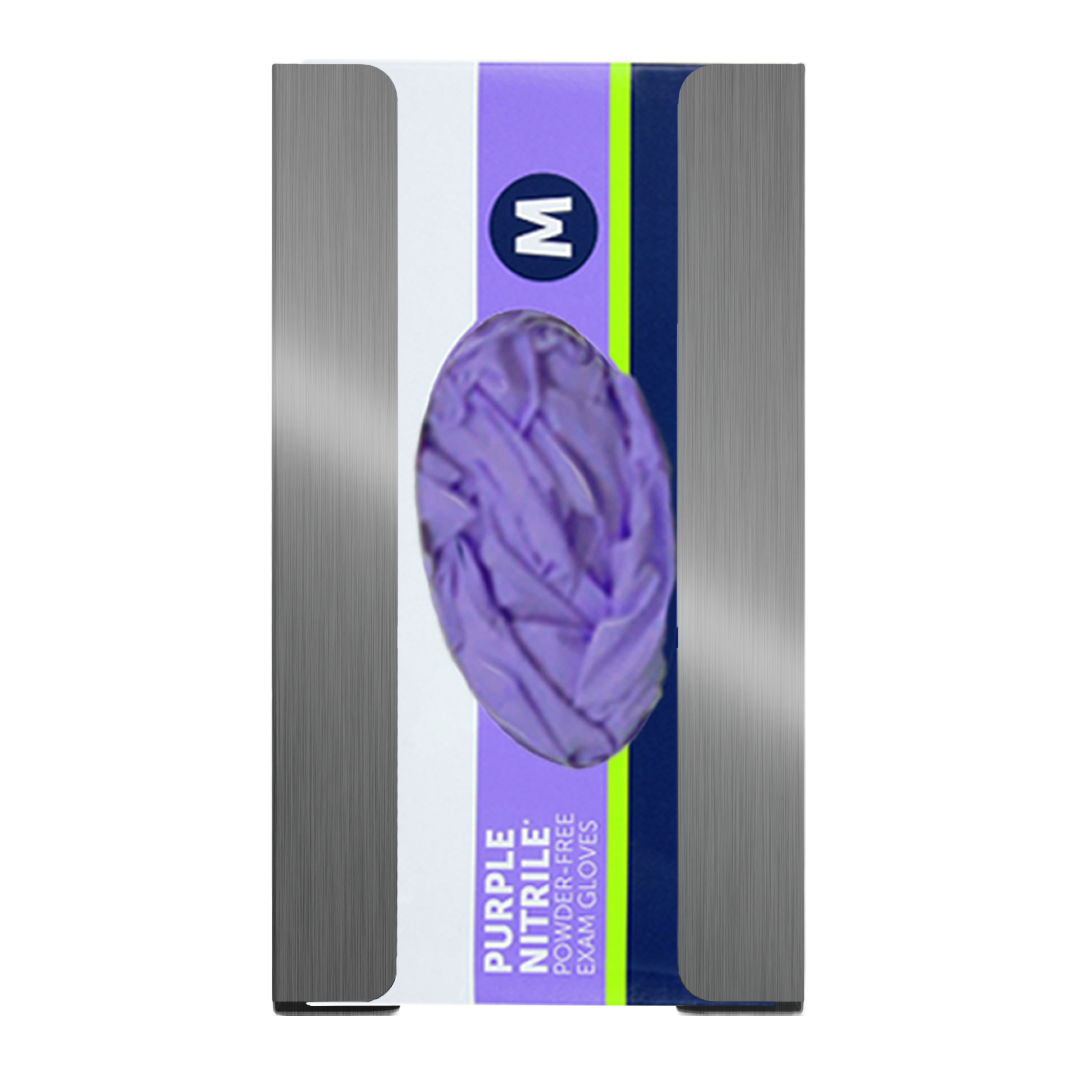Glove Dispenser, Single, Stainless Steel, wall mount with a box of purple nitrile exam gloves inside. Front view.