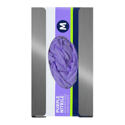 Glove Dispenser, Single, Stainless Steel, wall mount with a box of purple nitrile exam gloves inside. Front view.