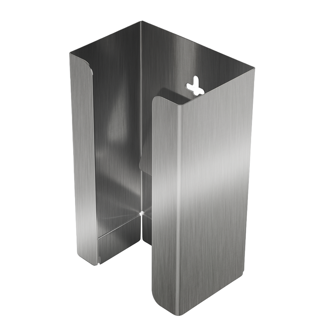 Stainless Steel single glove dispenser with a box of blue exam gloves inside. Front angled view.