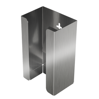 Stainless Steel single glove dispenser with a box of blue exam gloves inside. Front angled view.