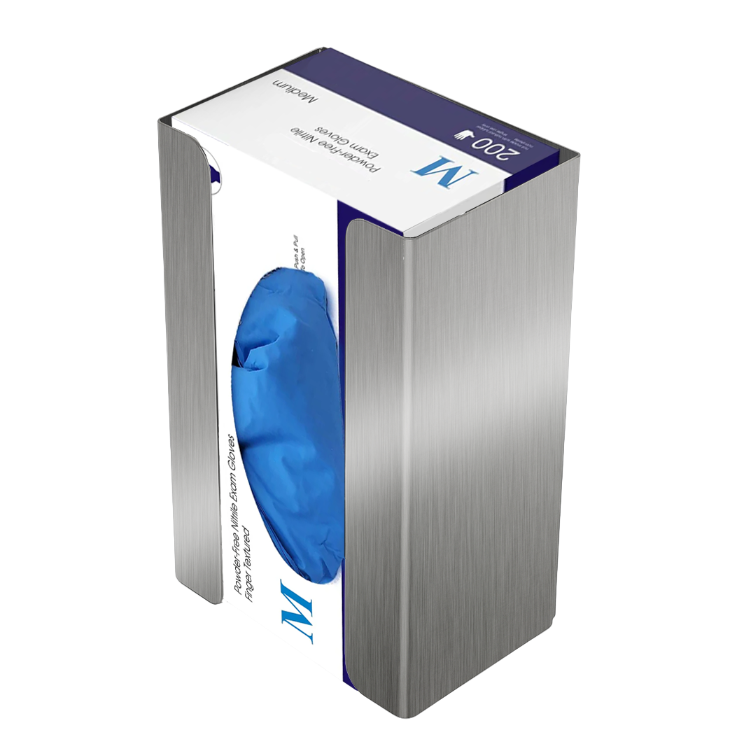 Stainless Steel single glove dispenser with a box of blue exam gloves inside. Front angled view.