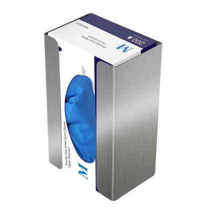 Stainless Steel single glove dispenser with a box of blue exam gloves inside. Front angled view.