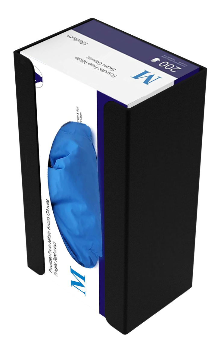 Glove dispenser, Single, Black steel, wall-mount, with a box of blue exam gloves inside.