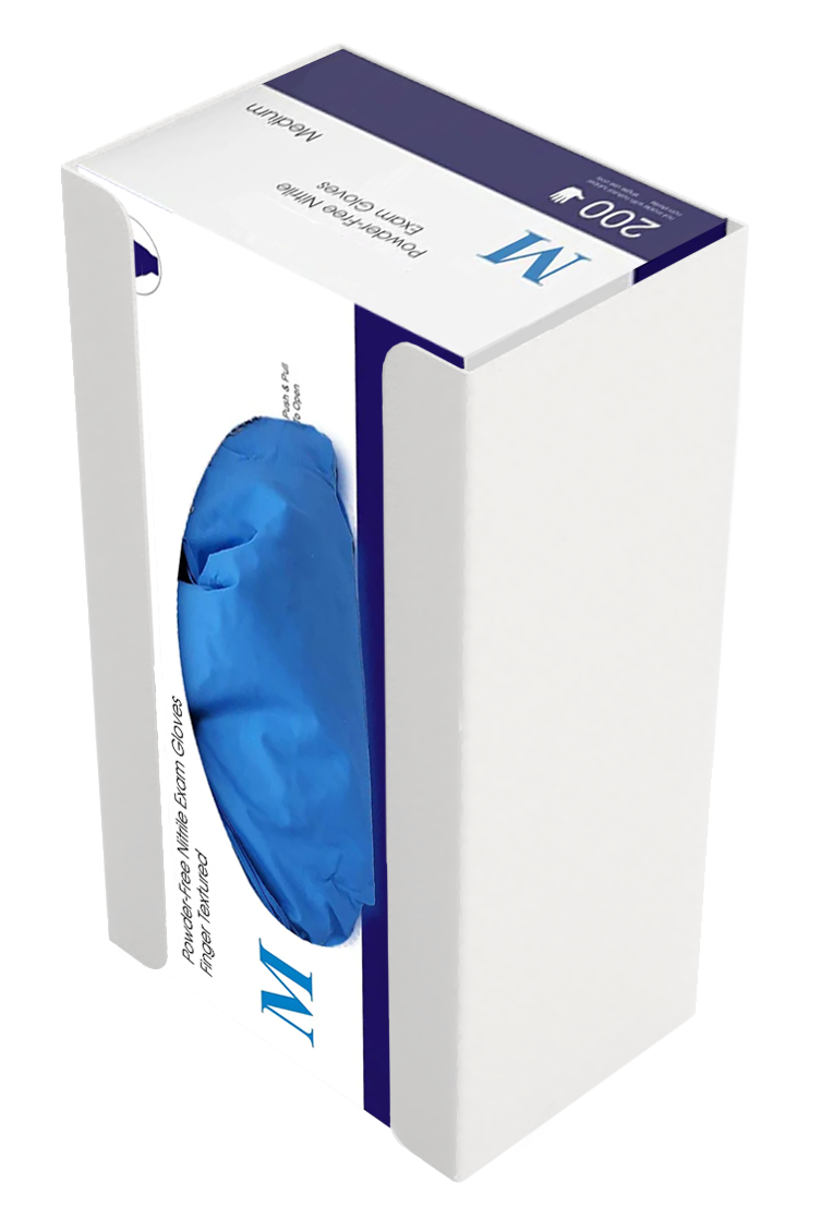 Glove Dispenser, Single, White steel, wall-mount, with a box of blue exam gloves inside.