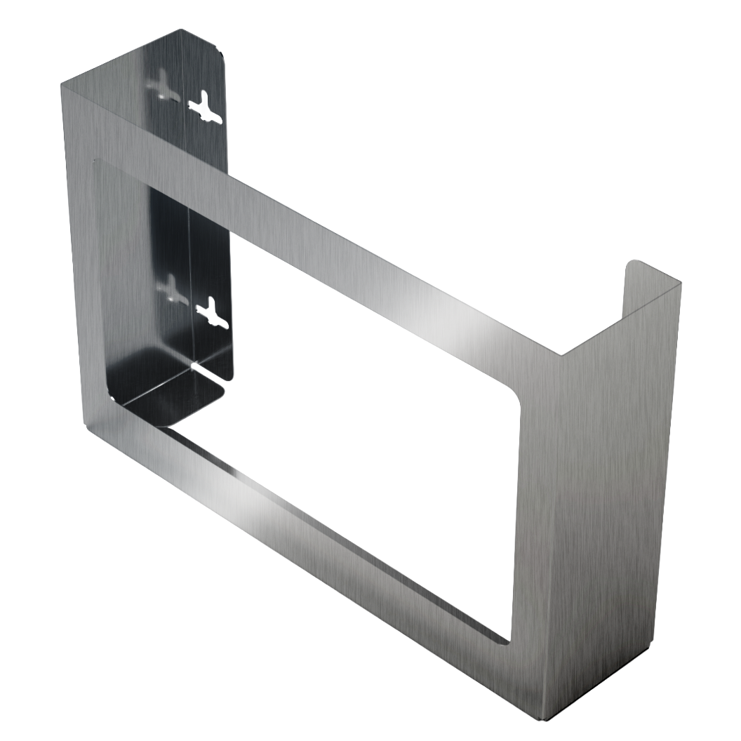 Stainless Steel, non-divided metal, triple glove dispenser, front facing, angled slightly left, horizontal, empty.  