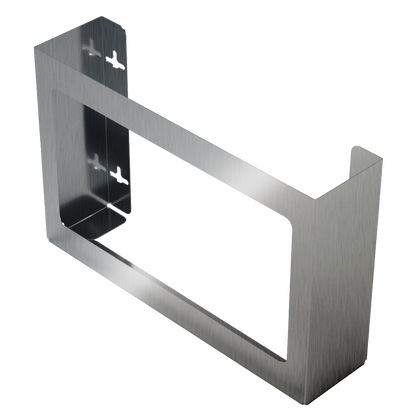 Stainless Steel, non-divided metal, triple glove dispenser, front facing, angled slightly left, horizontal, empty.  