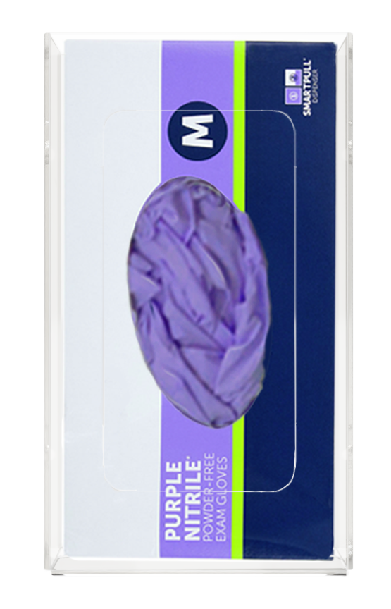 Glove Dispenser, Single, Clear PETG plastic, wall mount, with a rectangular cut out for dispensing, front facing with 1 box of purple exam gloves