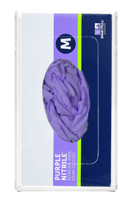 Glove Dispenser, Single, Clear PETG plastic, wall mount, with a rectangular cut out for dispensing, front facing with 1 box of purple exam gloves