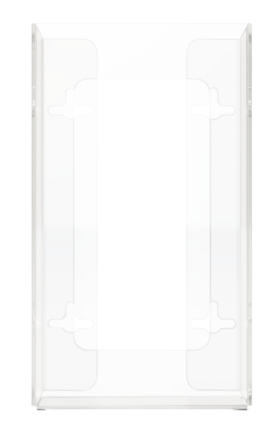 Glove Dispenser, Single, Clear PETG plastic, wall-mount with a rectangular cutout for dispensing. Front facing, empty
