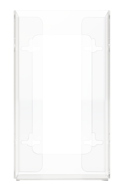 Glove Dispenser, Single, Clear PETG plastic, wall-mount with a rectangular cutout for dispensing. Front facing, empty