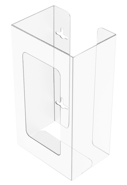 Glove Dispenser, Single, Clear PETG plastic, wall-mount, with a rectangular cut out for dispensing, front facing and angled slightly left, empty. 