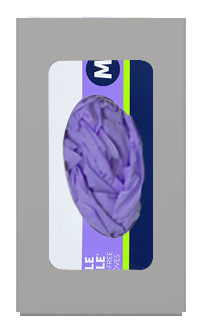 Glove Dispenser, Single, Beige ABS Plastic, wall mount, with a rectangular cut out for dispensing, front facing with 1 box of purple exam gloves