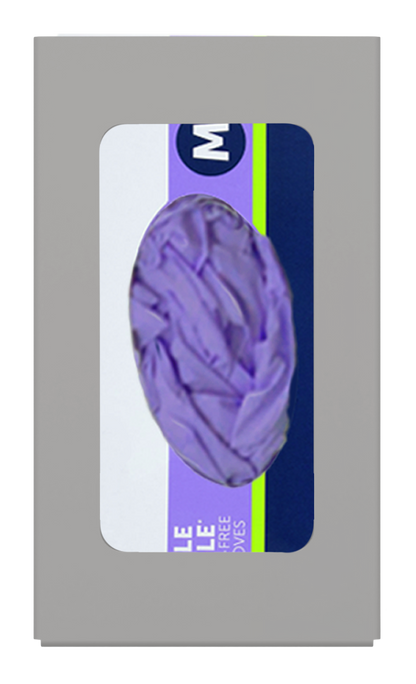 Glove Dispenser, Single, Beige ABS Plastic, wall mount, with a rectangular cut out for dispensing, front facing with 1 box of purple exam gloves