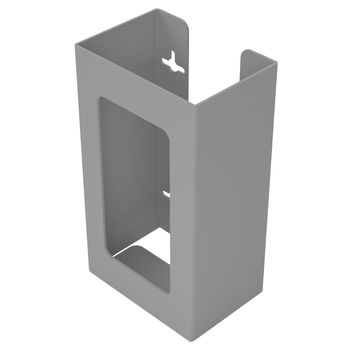 Glove Dispenser, Single, Beige ABS plastic, wall-mount, with a rectangular cut out for dispensing, front facing and angled slightly left, empty. 