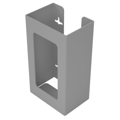 Glove Dispenser, Single, Beige ABS plastic, wall-mount, with a rectangular cut out for dispensing, front facing and angled slightly left, empty. 