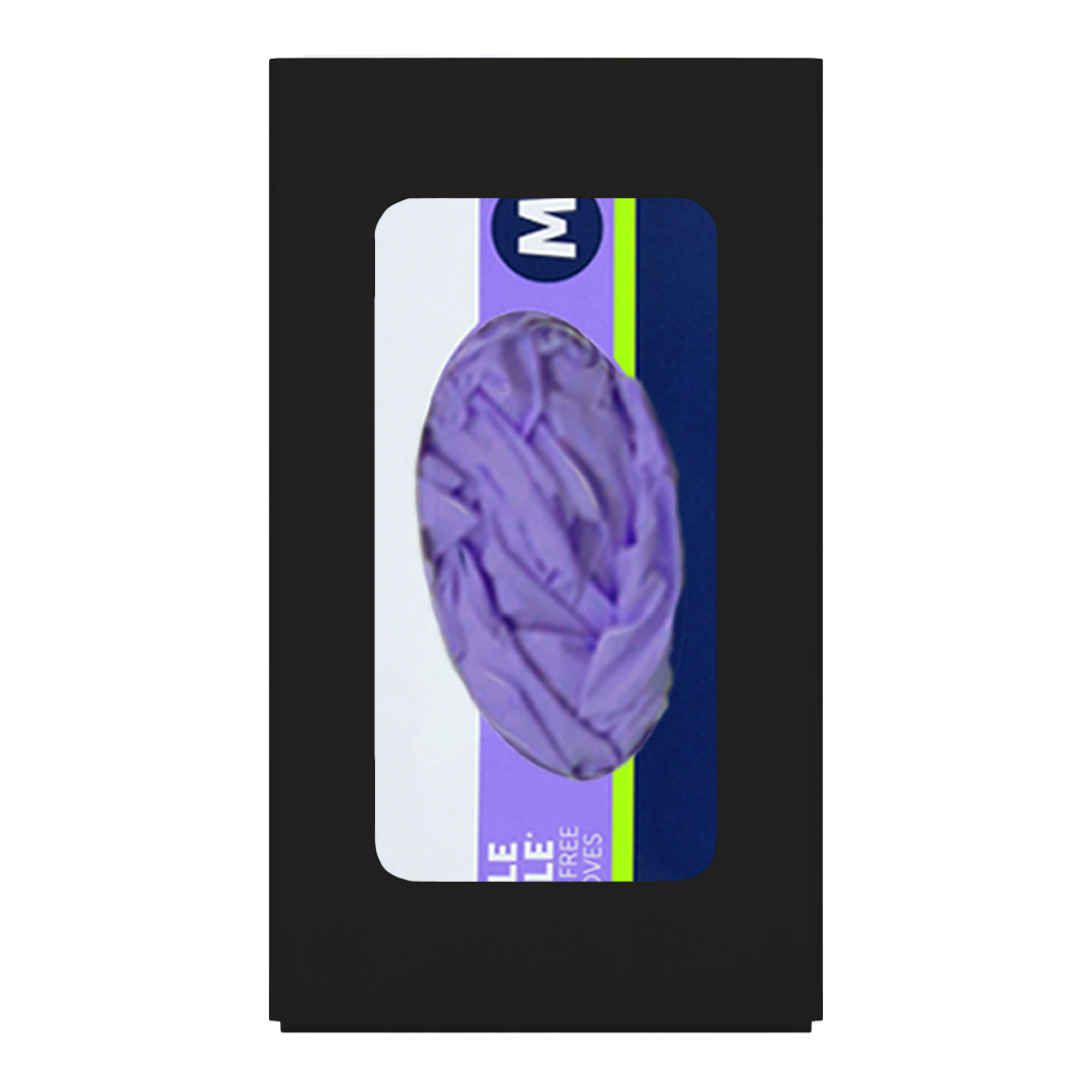 Glove Dispenser. Single, Black Steel, wall mount, with a rectangular cut out for dispensing, front facing with 1 box of purple exam gloves