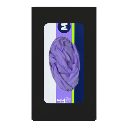 Glove Dispenser. Single, Black Steel, wall mount, with a rectangular cut out for dispensing, front facing with 1 box of purple exam gloves