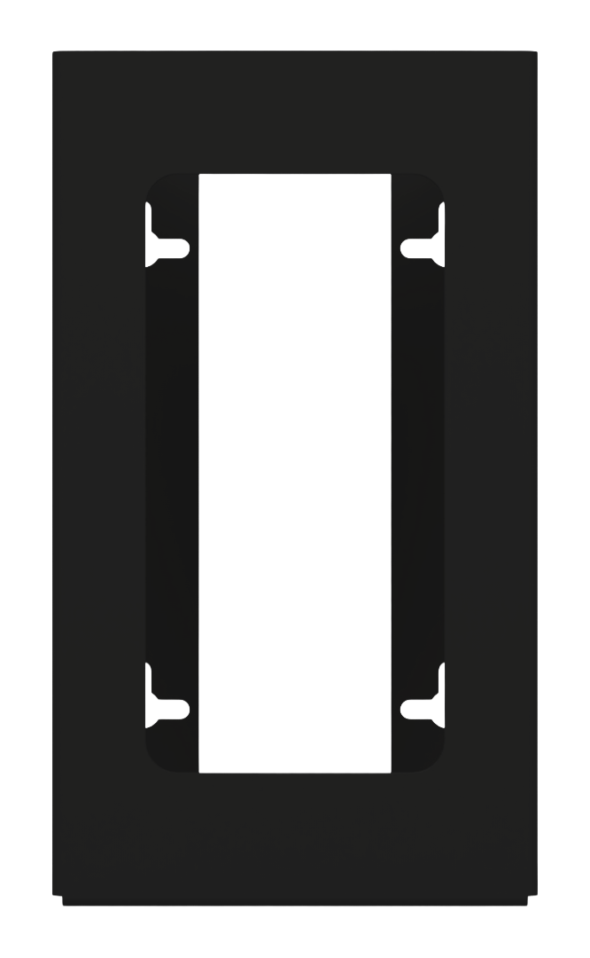 Glove Dispenser, Single, Black Steel, wall-mount with a rectangular cutout for dispensing. Front facing, empty