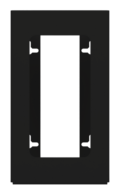 Glove Dispenser, Single, Black Steel, wall-mount with a rectangular cutout for dispensing. Front facing, empty