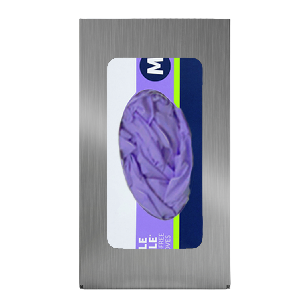 Glove Dispenser, Single, Stainless Steel, wall-mount. Shown front facing, filled with a box of purple nitrile gloves.