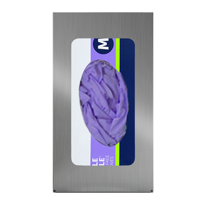 Glove Dispenser, Single, Stainless Steel, wall-mount. Shown front facing, filled with a box of purple nitrile gloves.