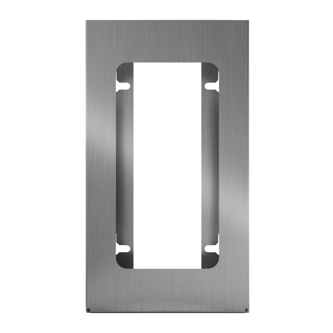 Glove Dispenser, Single, Stainless Steel, wall-mount with a rectangular cutout for dispensing. Front facing, empty
